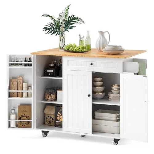 Ahomly White Kitchen Island with Drop Leaf, Spacious Storage, 5 Wheels, and Towel Bar