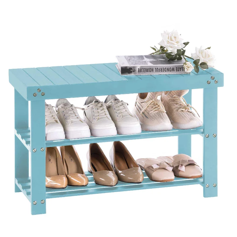 Apicizon Bamboo Shoe Rack for Entryway, 3-Tier Shoe Rack Bench for Front Indoor Entrance, Small Shoe Organizer with Storage, Blue