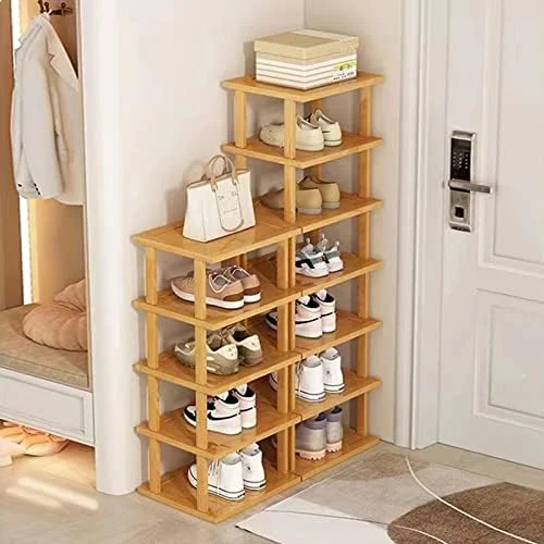 SAN HE 12-Tier Bamboo Shoe Rack - Vertical Slim Organizer for Small Spaces