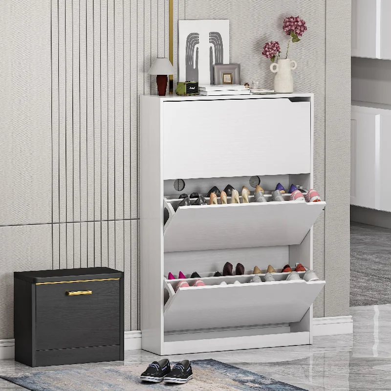 Boonatu Shoe Cabinet Storage for Entryway, Shoe Cabinet Storage with 3 Flip Drawers, Shoe Cabinet for Entryway Slim Space, 3 Tier White Shoe Cabinet Freestanding Wood Shoe Rack for Entryway, Hallway