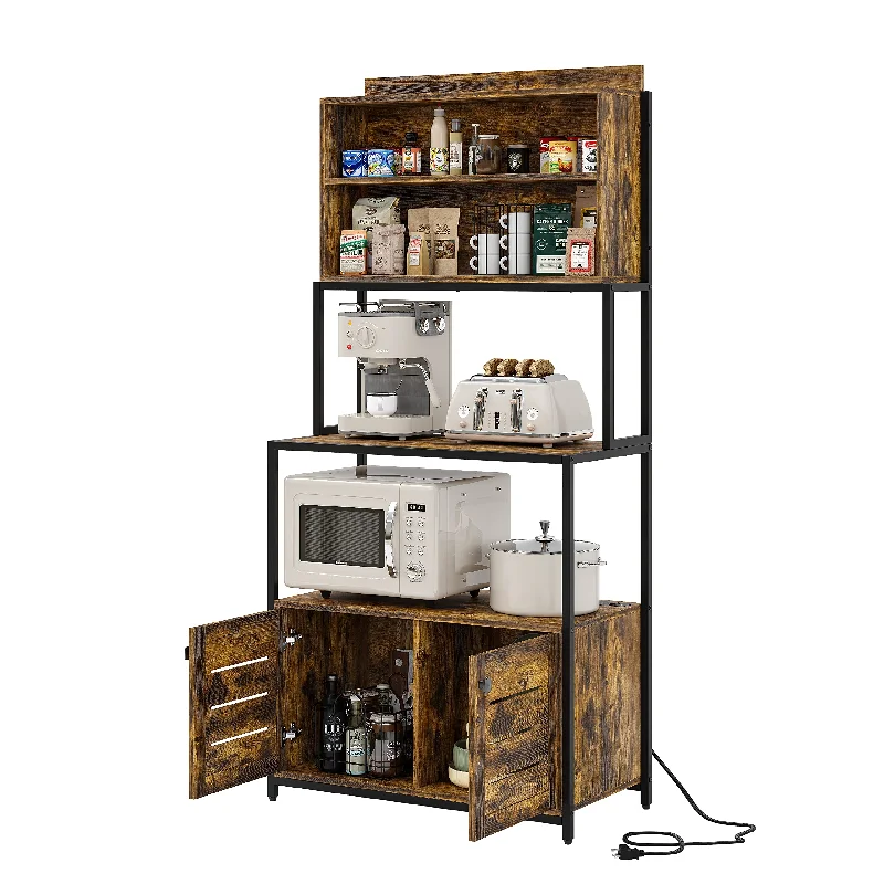 Furniouse Rustic Brown 5-Tier Kitchen Baker's Rack with Power Outlet and Storage Cabinets