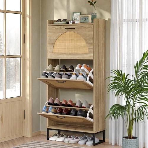 furomate Shoe Rack Storage Organizer with 3 Natural Semi-Circular Rattan Doors, Entryway Wooden Shoe Cabinet for Sneakers, Leather Shoes, High Heels, Slippers, 52' Entryway Furniture