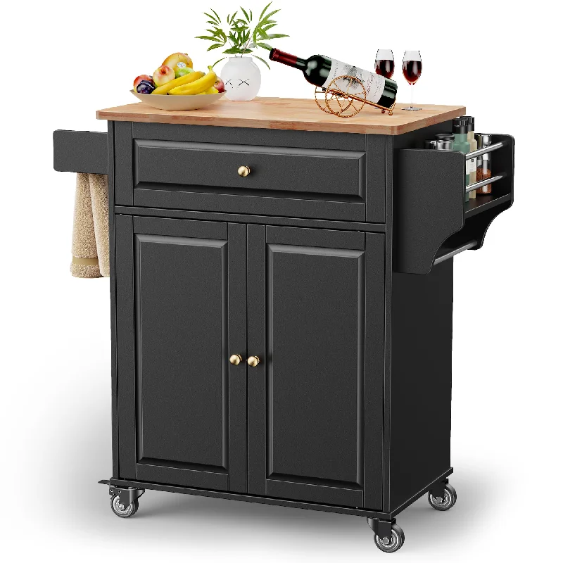 Gizoon Black Kitchen Island Cart with Rubberwood Top & Multi-Storage for Home and Dining