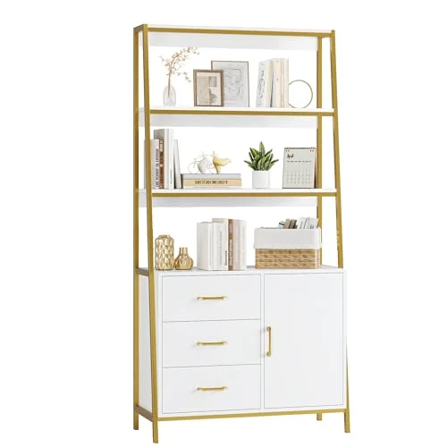 HITHOS 69" Tall White Gold 4-Tier Bookshelf with Storage Drawers and Elegant Design