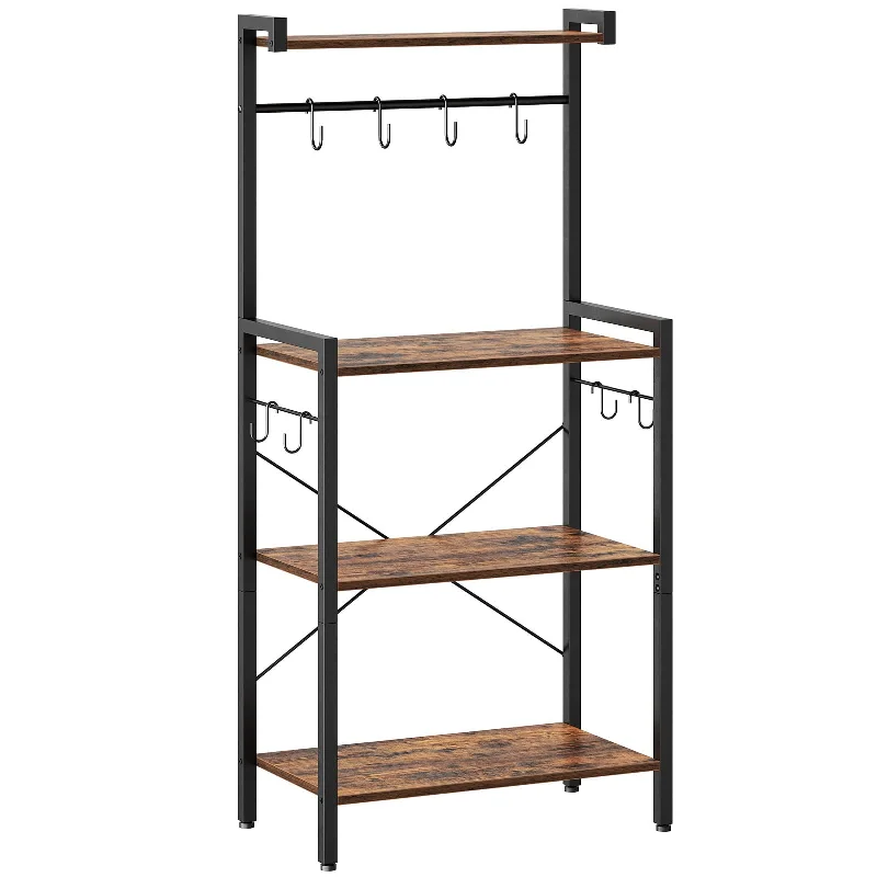 HOOBRO Rustic Brown 4-Tier Multifunctional Baker's Rack with Storage & Hooks for Kitchen and Living Spaces