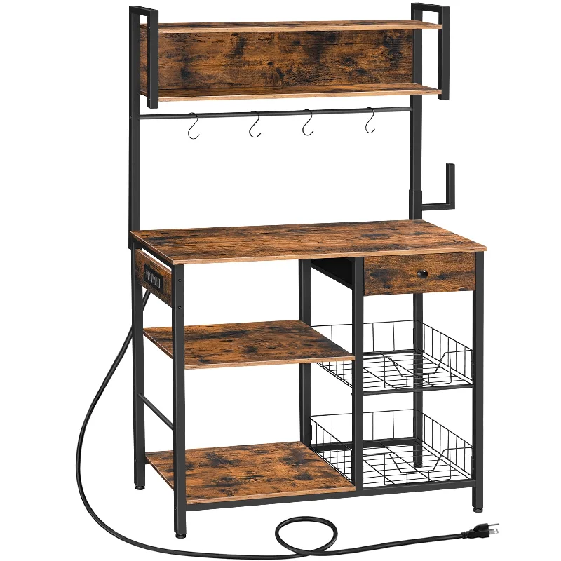 HOOBRO Rustic Brown and Black 5-Tier Bakers Rack with Power Outlets, Microwave Stand, and Storage Baskets