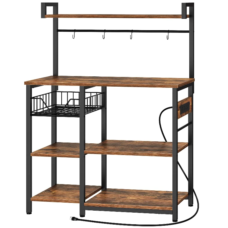 HOOBRO Rustic Brown Bakers Rack with Power Outlet and Storage Solutions