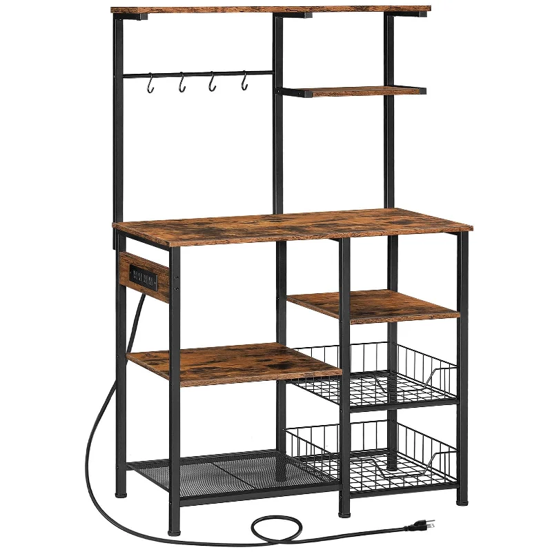 HOOBRO Multifunctional 6-Tier Bakers Rack with Power Outlets and Hooks for Kitchen and Living Room