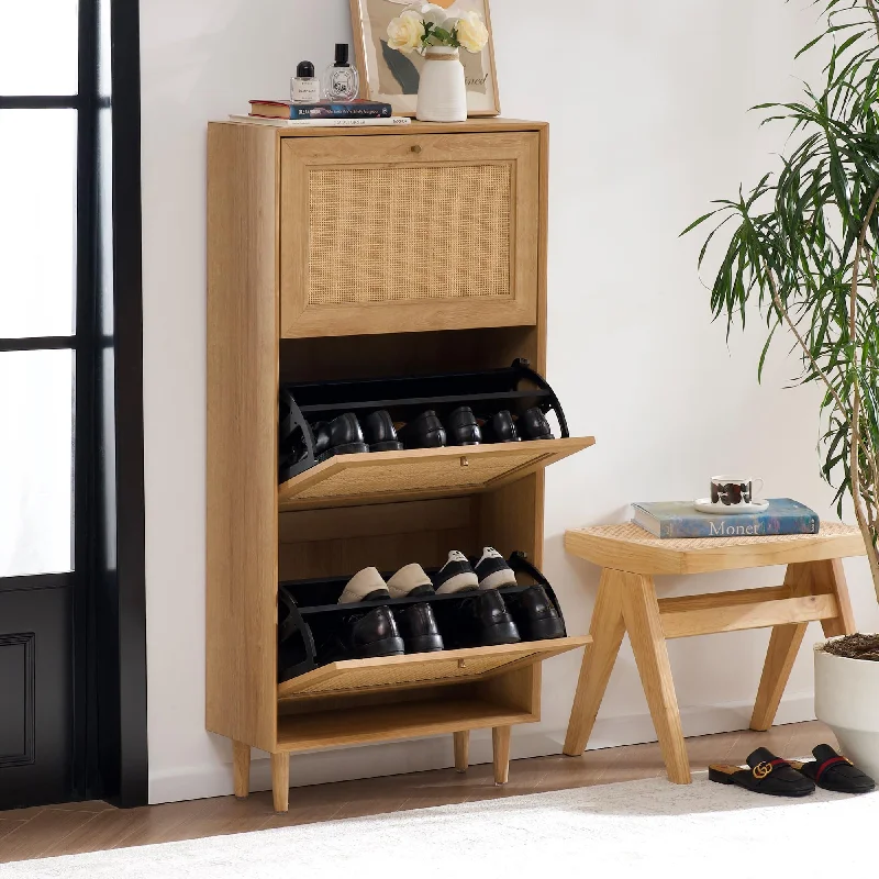 HOOLETE Narrow Shoe Cabinet with 3 Flip Drawers Hidden Freestanding Shoe Rack with Natural Rattan Doors Wooden Shoe Storage Cabinet with Solid Wood