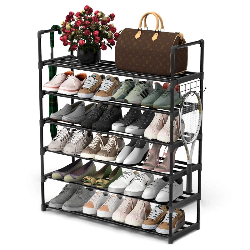 Hsscblet 6 Tiers Metal Shoe Rack,Adjustable Shoe Shelf Storage Organizer with Hooks,Stackable Boot & Shoe Storage,for Entryway,Hallway,Closet,Black