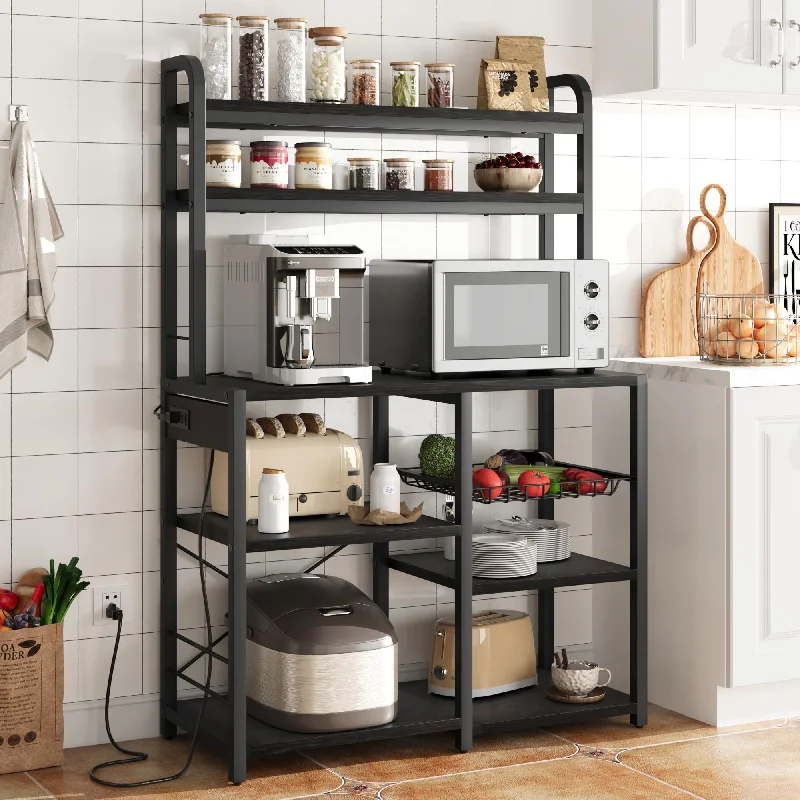 IDEALHOUSE Rustic Black Bakers Rack with Power Outlet & Large Storage - 6-Tier Kitchen Buffet Table