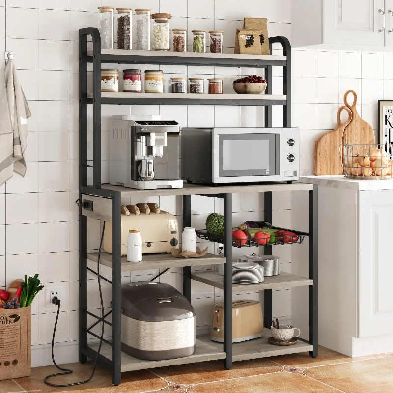 IDEALHOUSE Rustic Gray Bakers Rack with Power Outlet and Large Storage Capacity