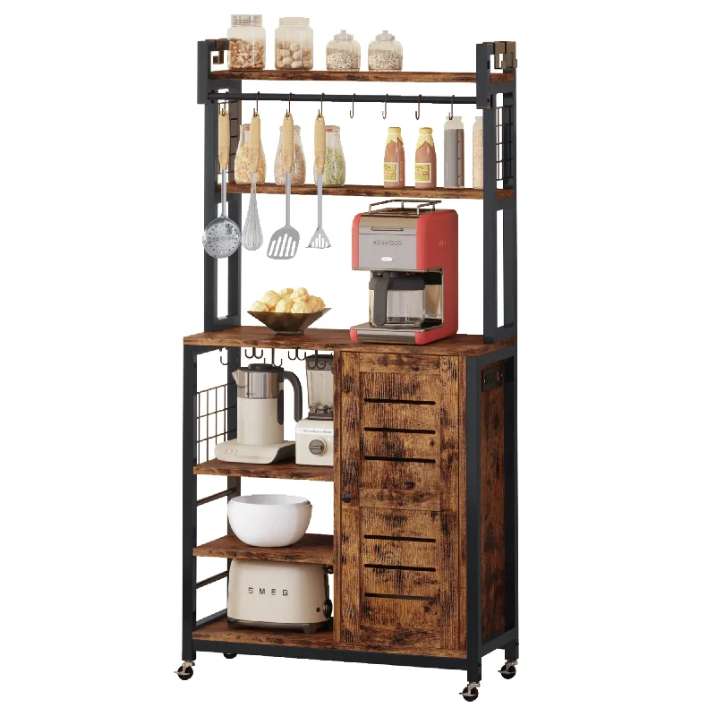 IRONCK Vintage Brown Bakers Rack with Power Outlets, Wheels, and Storage Cabinet