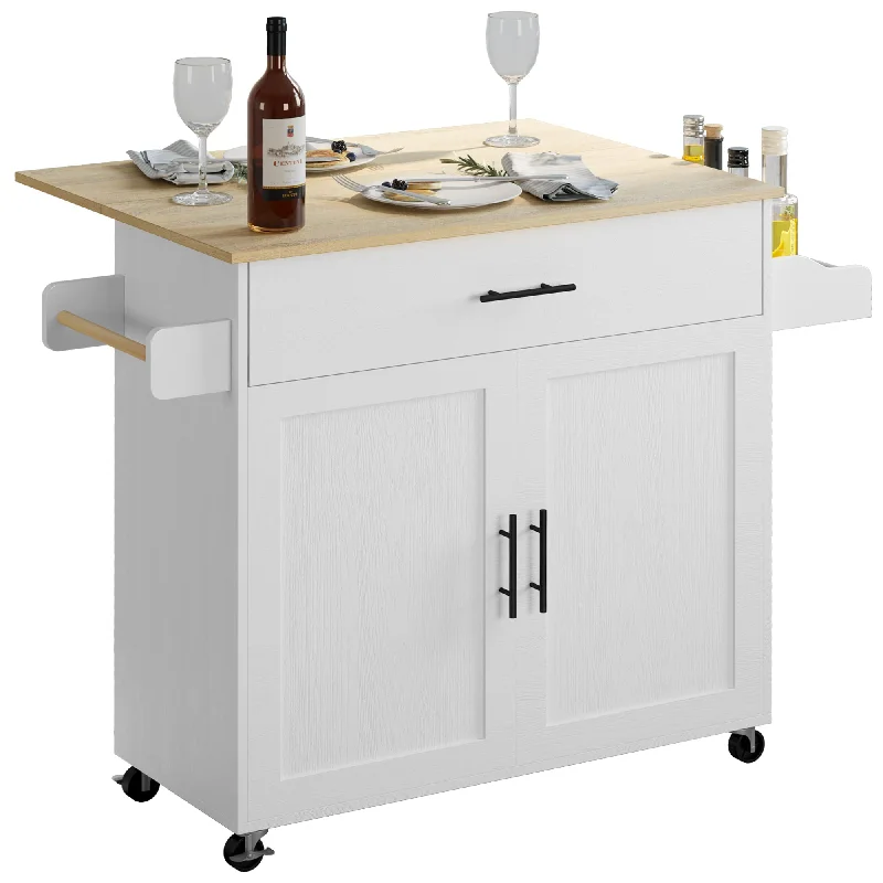 IRONCK White Rolling Kitchen Island with Drop Leaf, Storage Cabinet, and Spice Rack