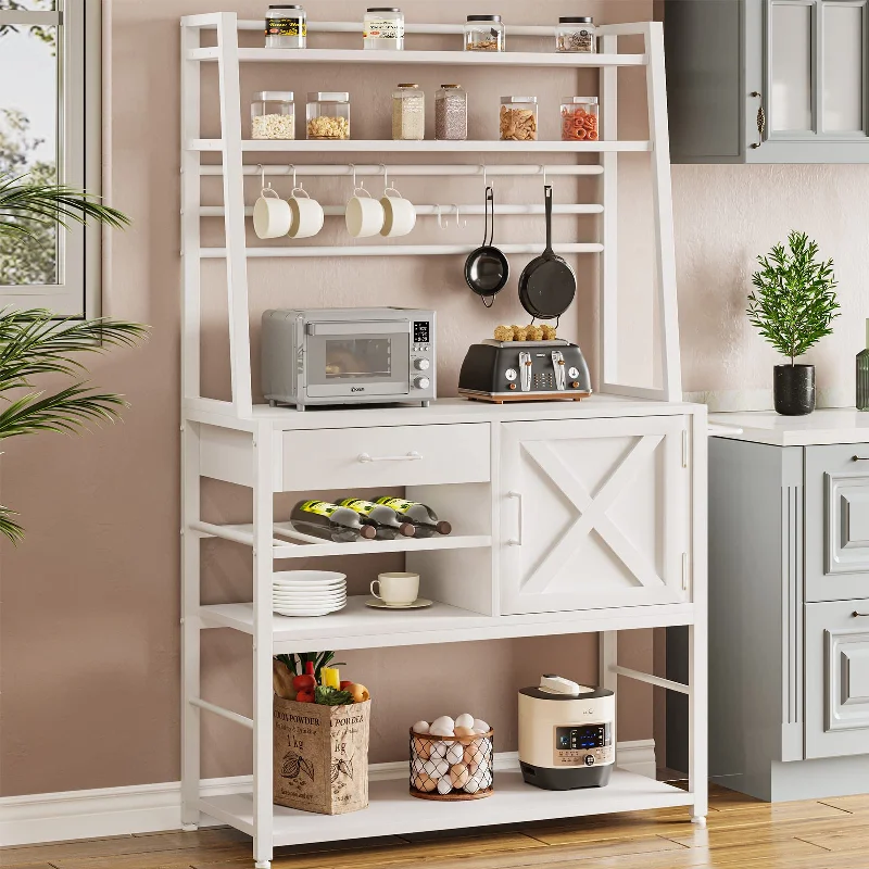 Itaar Farmhouse Baker's Rack with Coffee Bar, Wine Rack, Drawer and Hooks - White Microwave Stand