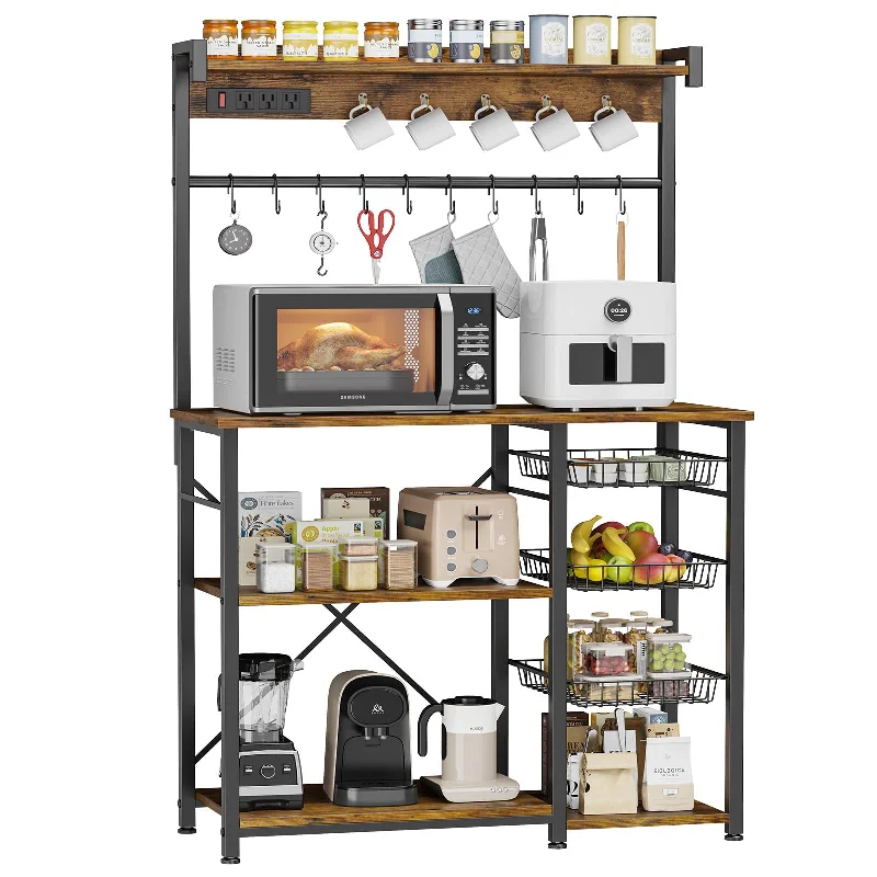 Kalrin Rustic Brown Large Bakers Rack with Power Outlets, Hooks, and Wire Baskets for Organised Kitchen Storage