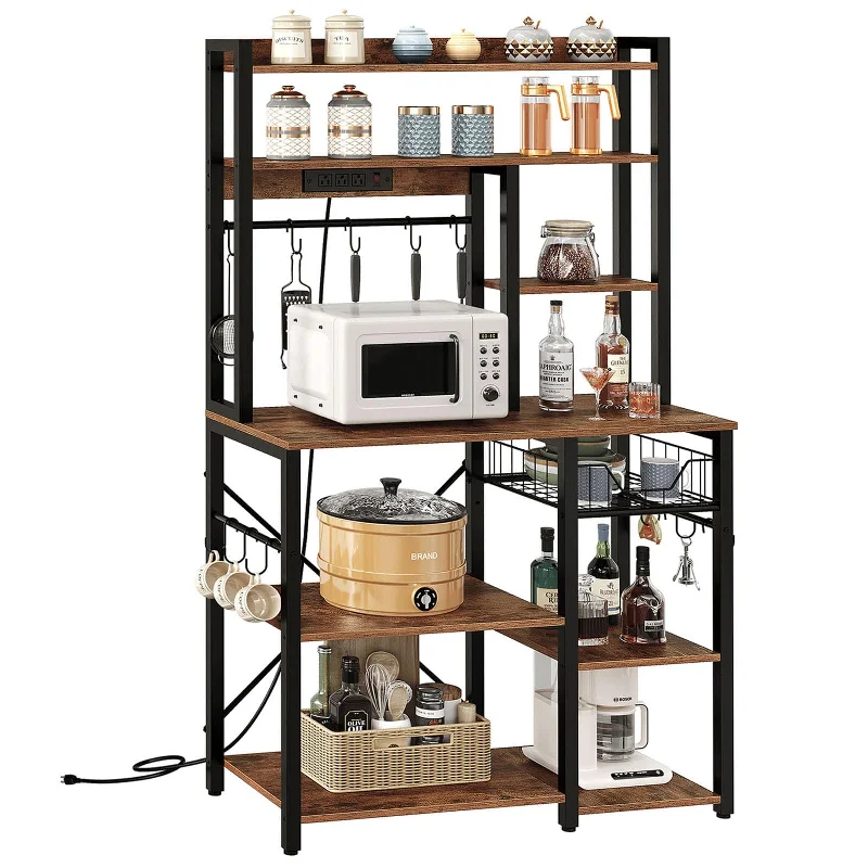 Versatile Rustic Brown and Black Kitchen Bakers Rack with Power Outlet and Shelves