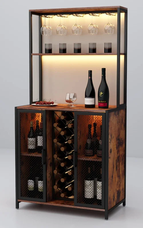 Loomie 5-Tier Rustic Wine Bar Cabinet with LED Lights & Adjustable Shelves