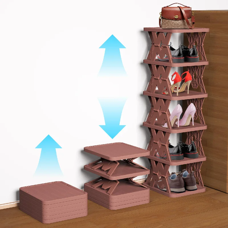 PHUNIGEEFT Foldable Small Shoe Rack Without Assembly, Fake Wood Pattern Match Floor Well, Vertical Shoe Racks for Narrow Space, Bedroom, Kids,