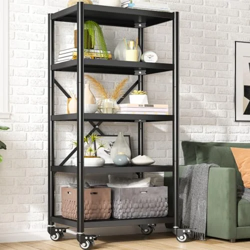 REIBII 5-Tier Heavy Duty Storage Shelves with Wheels - Adjustable Metal Shelving Unit for Garage and Pantry