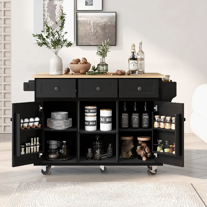 ROCKINGRUN Black Kitchen Cart with Drop-Leaf Rubber Wood Countertop and Storage Solutions on Wheels