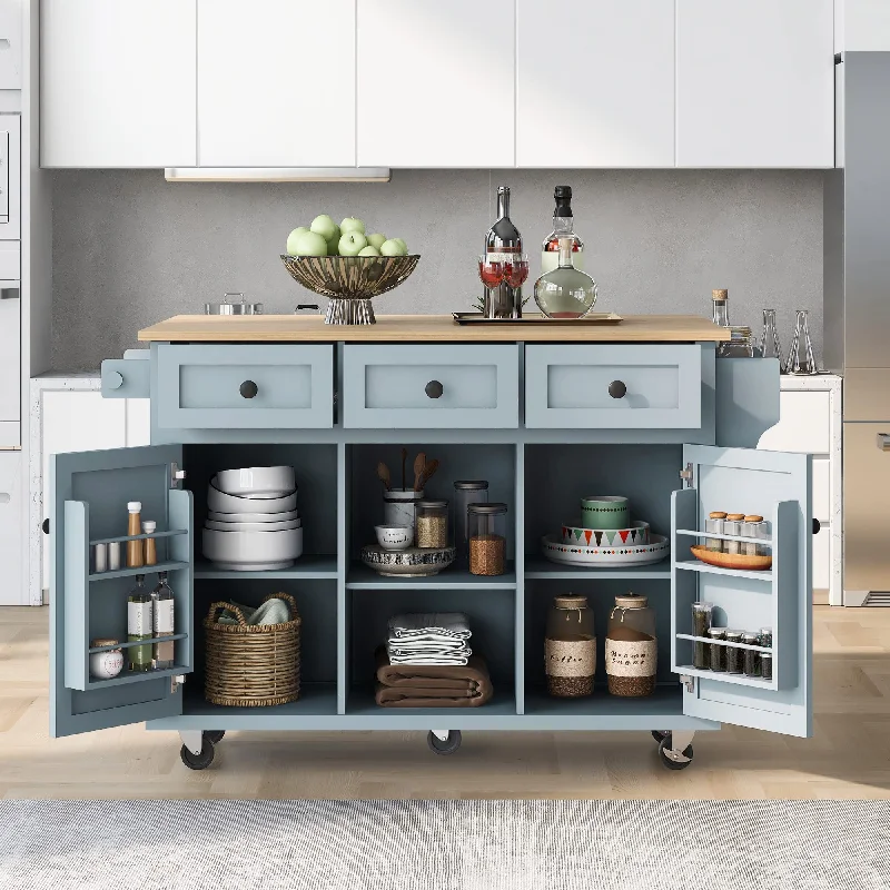 Rockingrun Blue Kitchen Cart with Drop-Leaf Rubber Wood Countertop, 5 Wheels, Storage Cabinets & Drawers