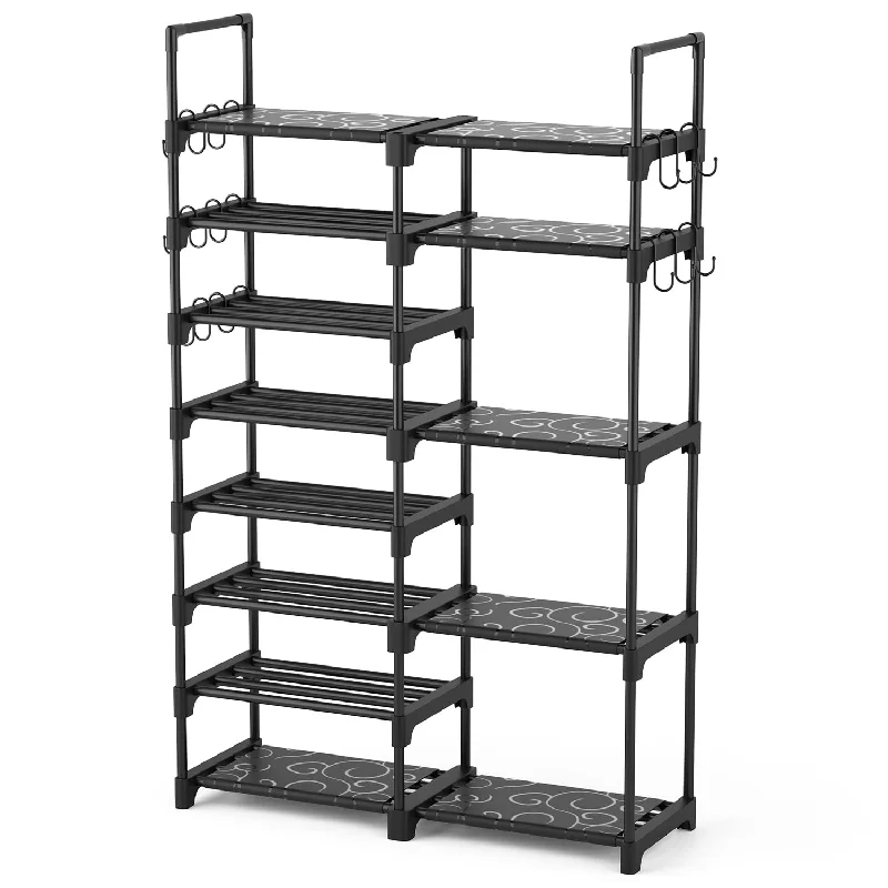 ROJASOP Shoe Rack Organizer, 8-Tier Metal Shoe Rack for Closet Entryway Garage, 26-32 Pairs Tall Shoe Boot Storage Shelf with 15 Hooks, Stackable