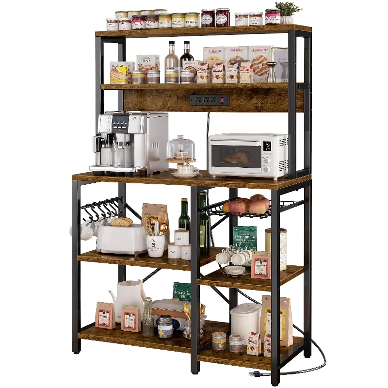 SUPERJARE Rustic Brown Bakers Rack with Power Outlet and Open Storage Space