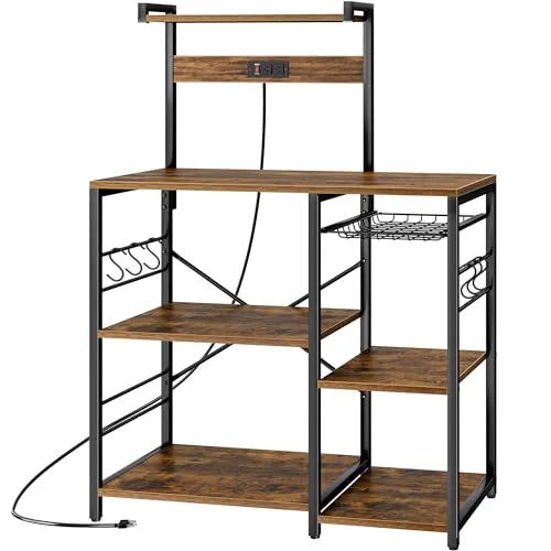 SUPERJARE Rustic Brown Bakers Rack with Power Outlet & Storage for Kitchen Essentials