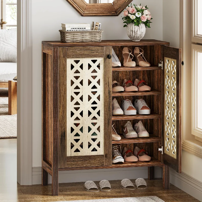 Tribesigns 5-Tier Shoe Cabinet with Doors, 25 Pairs Farmhouse Shoe Organizer, All-Wood Freestanding Shoe Storage Cabinet with Adjustable Shelves for Entryway, Hallway, Living Room, Brown & Beige