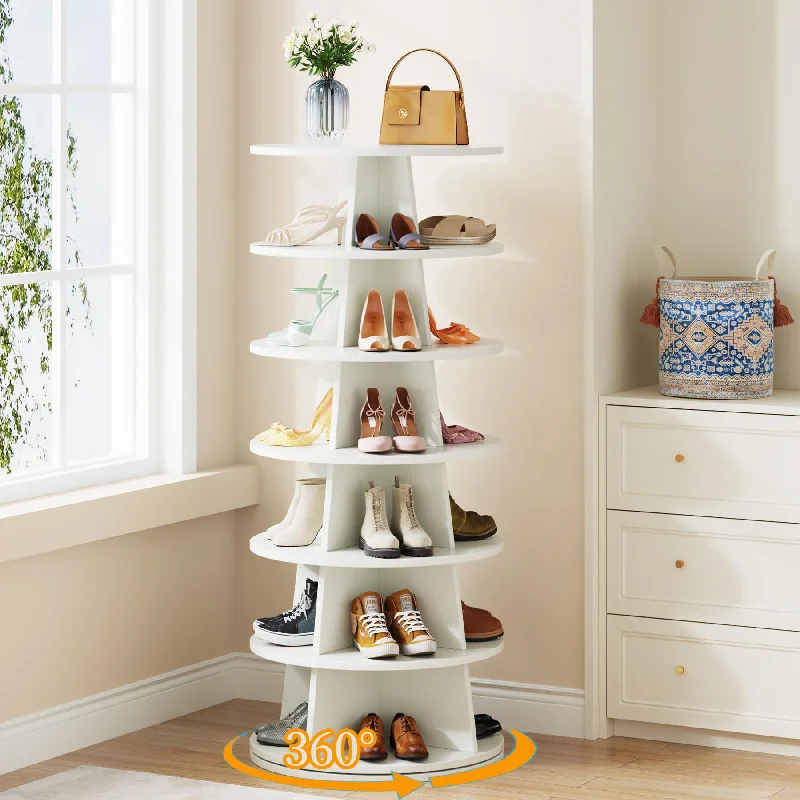 Tribesigns 7-Tier Shoe Rack for Closet, 24 Pairs Rotating Shoe Rack Tower, 360° Revolving Shoe Rack, Wood Shoe Storage Organizer, Vertical Lazy Susan Spinning Shoe Rack for Entryway, Hallway, White