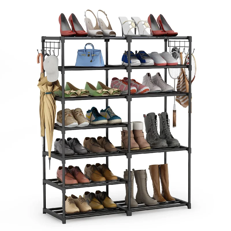 Tribesigns 7 Tiers Shoe Rack Shoe Shelf Shoe Storage Organizer with Side Hooks for Entryway, 24-30 Pairs Metal Shoe Rack Taller Shoes Boots Organizer