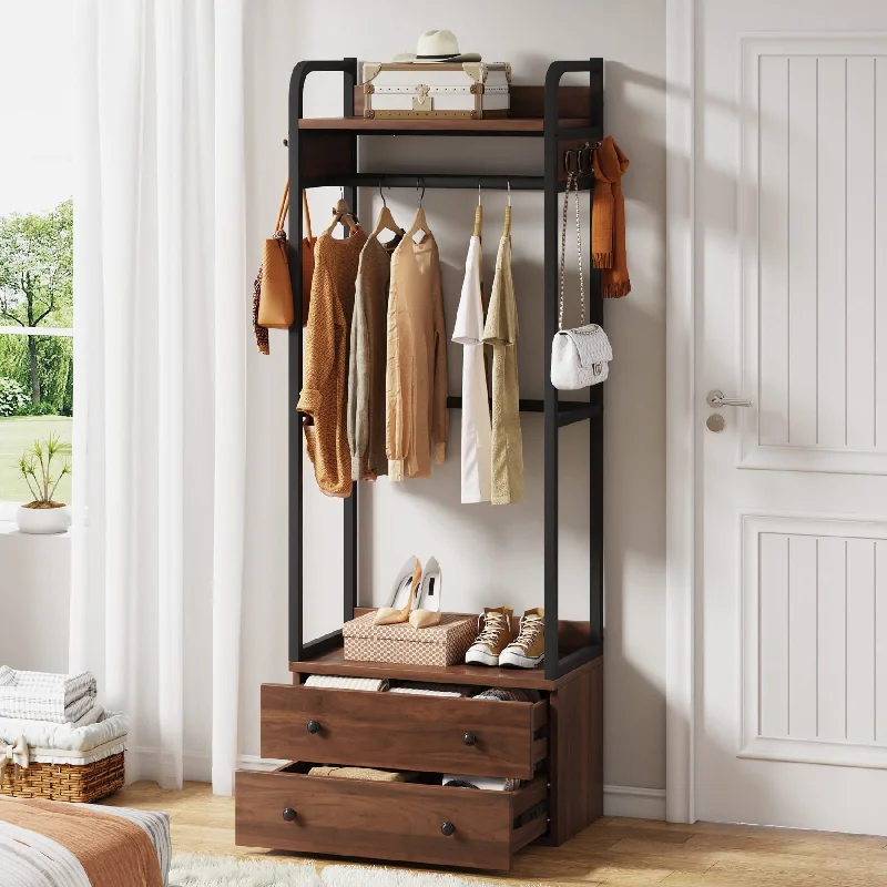 Tribesigns Freestanding Closet Organizer Small Clothes Rack Coat Rack with Drawers and Shelves, Heavy Duty Small Garment Rack Industrial Hall Tree for Hallway, Entryway, Bedroom