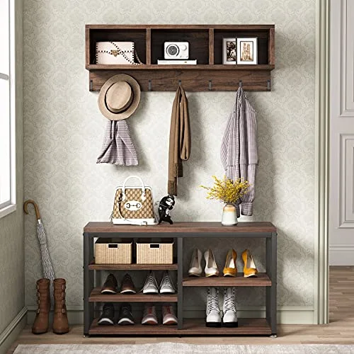 Tribesigns Industrial [Shoe] [Rack] [Bench] with Coat [Rack] Set With Hall Tree, 3 Storage Cubbies, 7 Hooks for Entryway, Hallway, 5-in-1Design, Rustic Brown