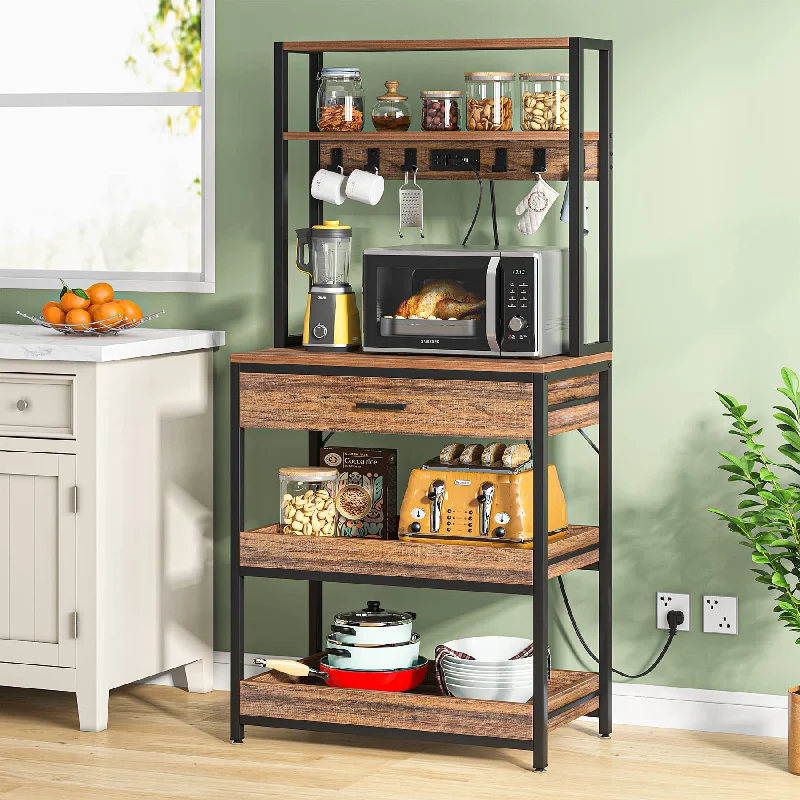 Tribesigns Rustic Brown 5-Tier Kitchen Bakers Rack with Power Outlets and Drawers