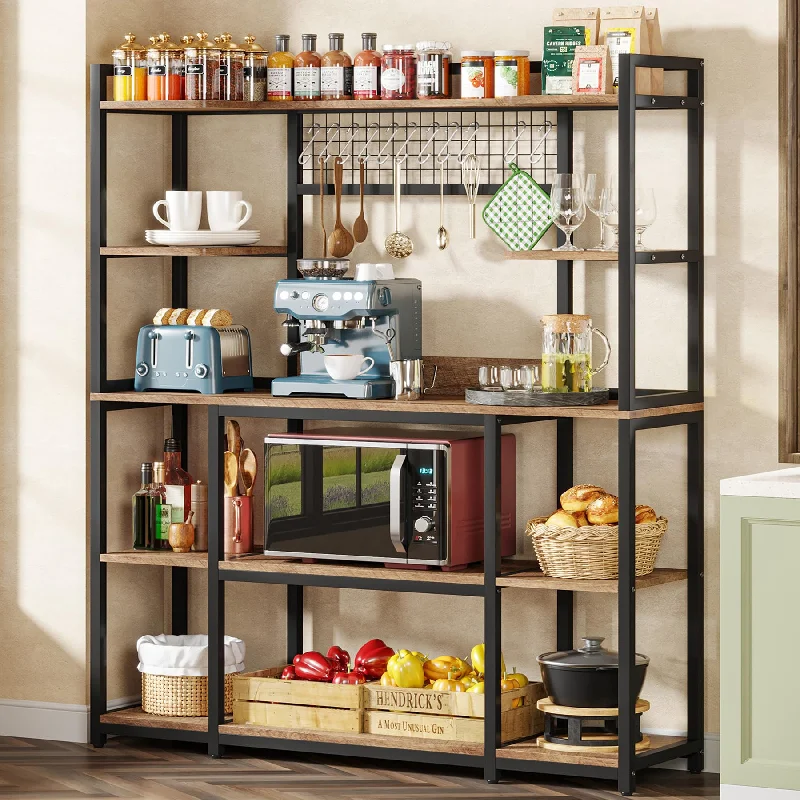 Tribesigns 55-Inch Large Kitchen Baker’s Rack with Hutch and Hooks - Light Brown Storage Solution