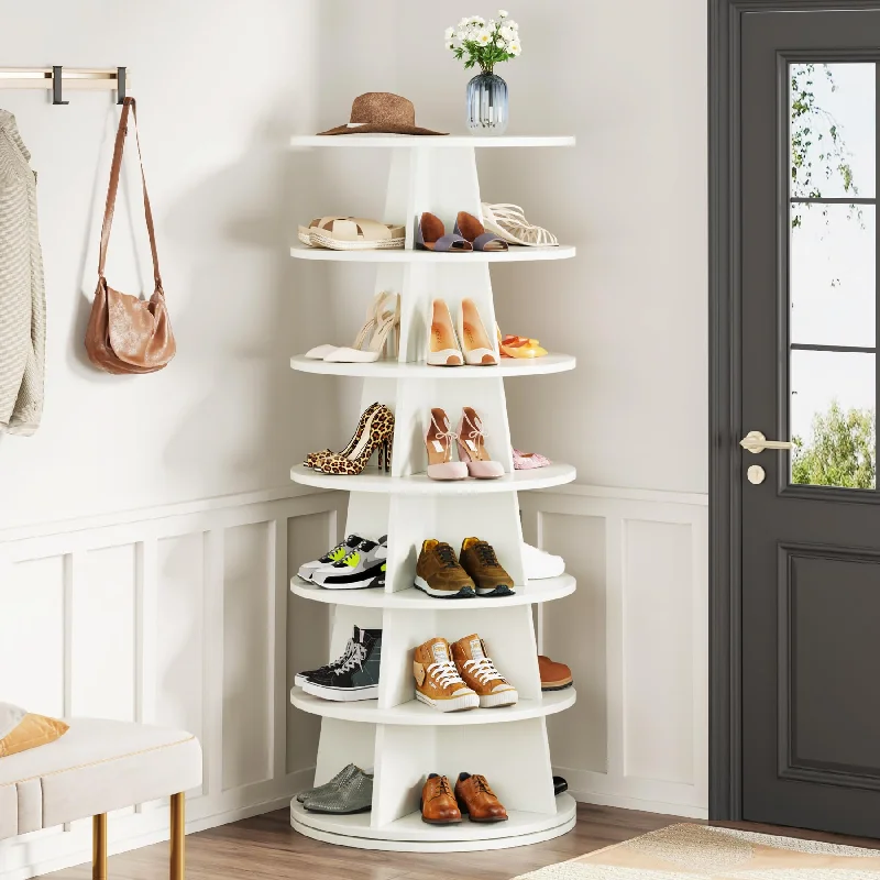 Tribesigns Rotating Shoe Rack, 7-Tier Revolving 24 Pairs Shoe Storage Shelf Tower, Modern Free Standing Wood Space-Saving 360° Spinning Shoe Organizer, Lazy Susan Shoe Rack for Entryway, White