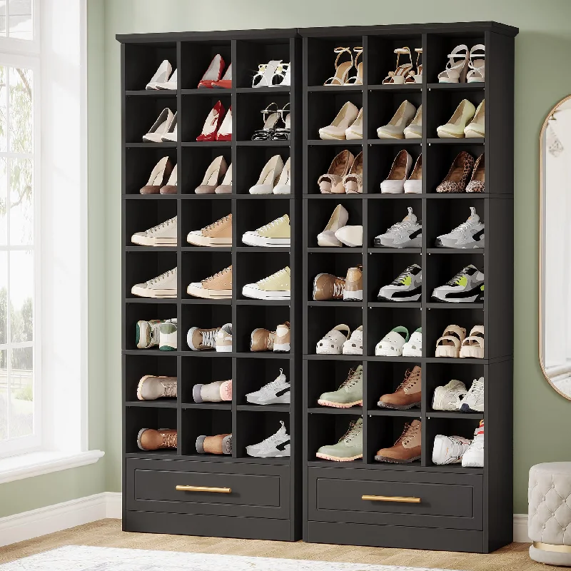 Tribesigns Set of 2 Black Shoe Cabinet, 71" Tall Wooden Shoe Cabinet with Bottom Drawer, 71" Freestanding Shoes Storage Orgainzer with 24 Cubbies for Closet, Entryway (2, Black)