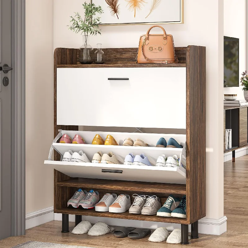 Tribesigns Shoe Cabinet, 2-Tier Shoe Storage Cabinet with Flip Doors, Vintage Entryway Shoe Organizer Rack with Open Shelves for Narrow Closet, Entryway, Living Room, Brown