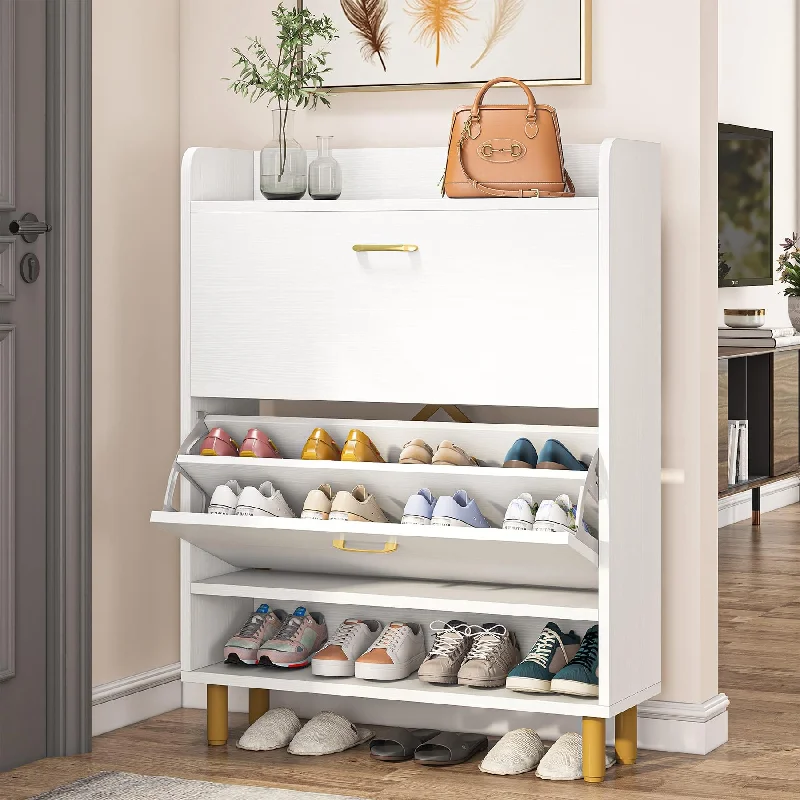 Tribesigns Shoe Cabinet, 2-Tier Shoe Storage Cabinet with Flip Doors, Vintage Entryway Shoe Organizer Rack with Open Shelves for Narrow Closet, Entryway, Living Room, White & Gold