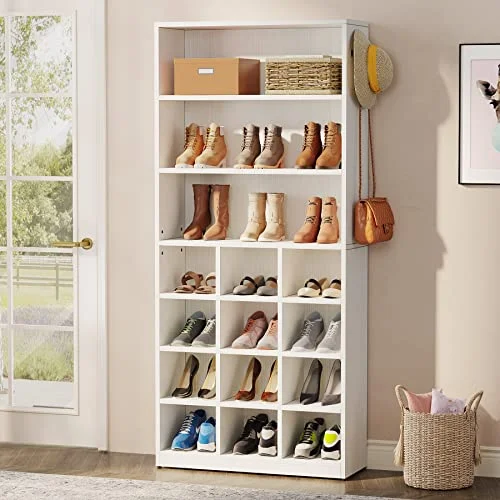 Tribesigns Shoe Cabinet, 24 Pair Freestanding Shoe Rack Storage Organizer with Side Hooks, Modern Shoe Storage Cabinet with Shelves for Hallway Bedroom Closet Entryway, 1PC