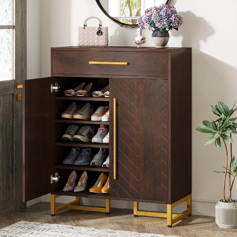 Tribesigns Shoe Cabinet with Doors, 20 Pairs Shoe Storage Cabinet with Drawer for Entryway, Modern Shoe Rack Organizer with Adjustable Shelves for Hallways Bedroom Living Room, Walnut & Gold