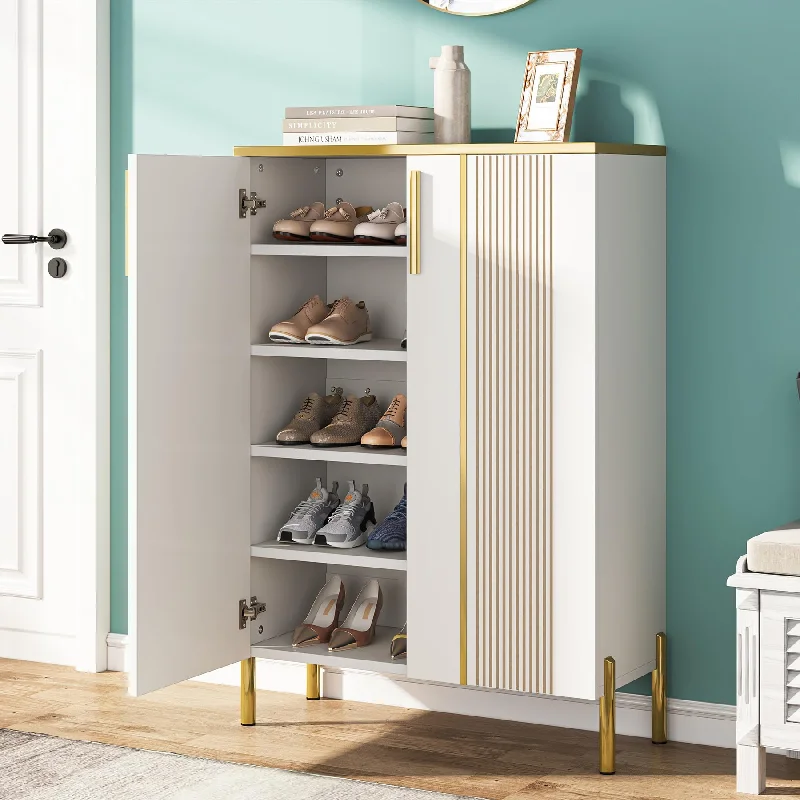 Tribesigns Shoe Cabinet with Doors, 6-Tier Shoe Storage Cabinet with Adjustable Shelves, Wooden Shoes Rack Shoe Storage Organizer for Entryway, Hallway, Closet, Living Room, Gold and White