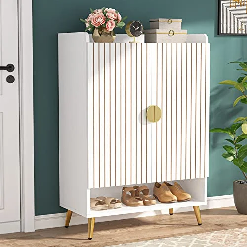 Tribesigns Shoe Cabinet with Doors, 6-Tier Shoe Storage Cabinet with Adjustable Shelves, Wooden Shoes Rack Shoe Storage Organizer for Entryway, Hallway, Closet, Living Room, White & Gold