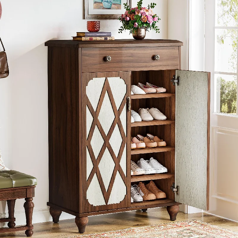 Tribesigns Shoe Cabinet with Drawer for Entryway, 20 Pairs Farmhouse Shoe Storage Cabinet with Doors and Adjustable Shelves, 5-Tier Wood Shoe Rack Organizer for Hallway, Closet, Living Room, Brown