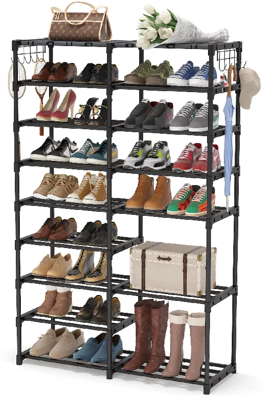 Tribesigns Shoe Rack Organizer, 32-40 Pairs Storage Shelf, 9 Tiers Stand, for Closet, Boot Organizer with 2 Hooks, Stackable Tower