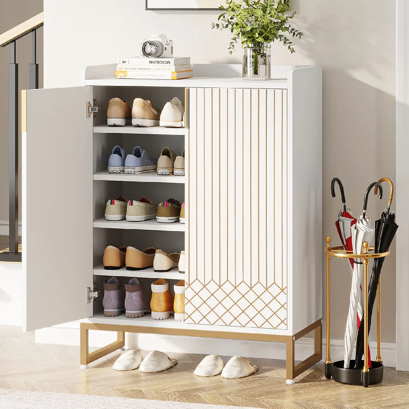 Tribesigns White, 25 Pair Shoe Cabinets with Doors, 5-Tier Modern Shoe Rack Organizer Cabinet, Freestanding Wood Storage Cabinet with Gold Metal Frame for Bedroom Hallway Living Room