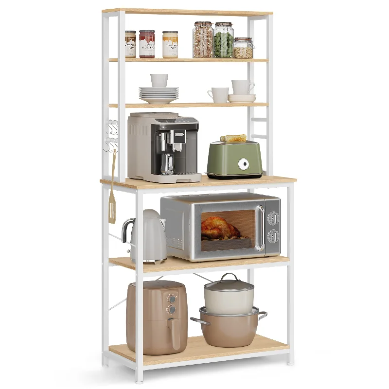 VASAGLE Oak + White 6-Tier Kitchen Baker's Rack with Adjustable Shelves & Hooks