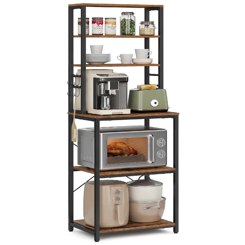 VASAGLE Rustic Brown and Black 6-Tier Kitchen Baker's Rack with Storage and S-Hooks