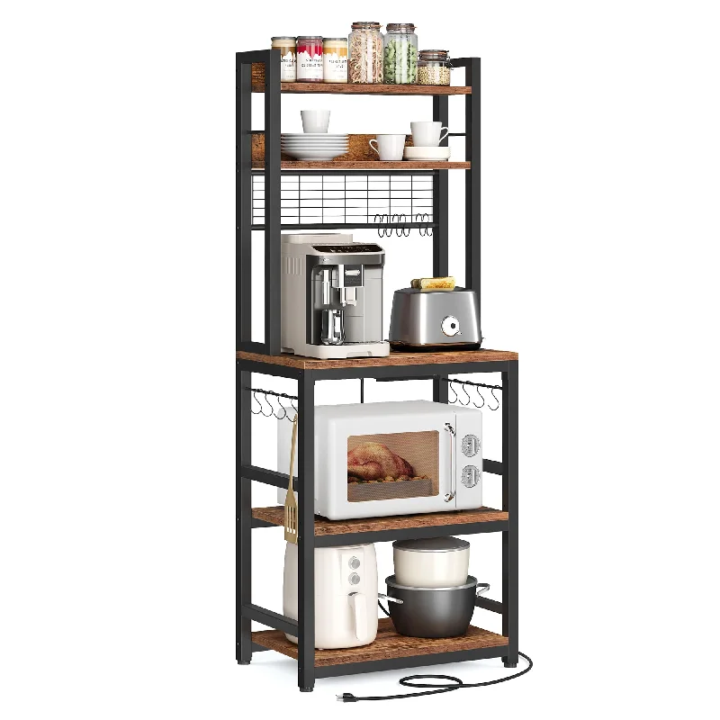 VASAGLE Rustic Brown and Black Microwave Stand with Power Outlet and 14 Hooks, Adjustable Kitchen Bakers Rack